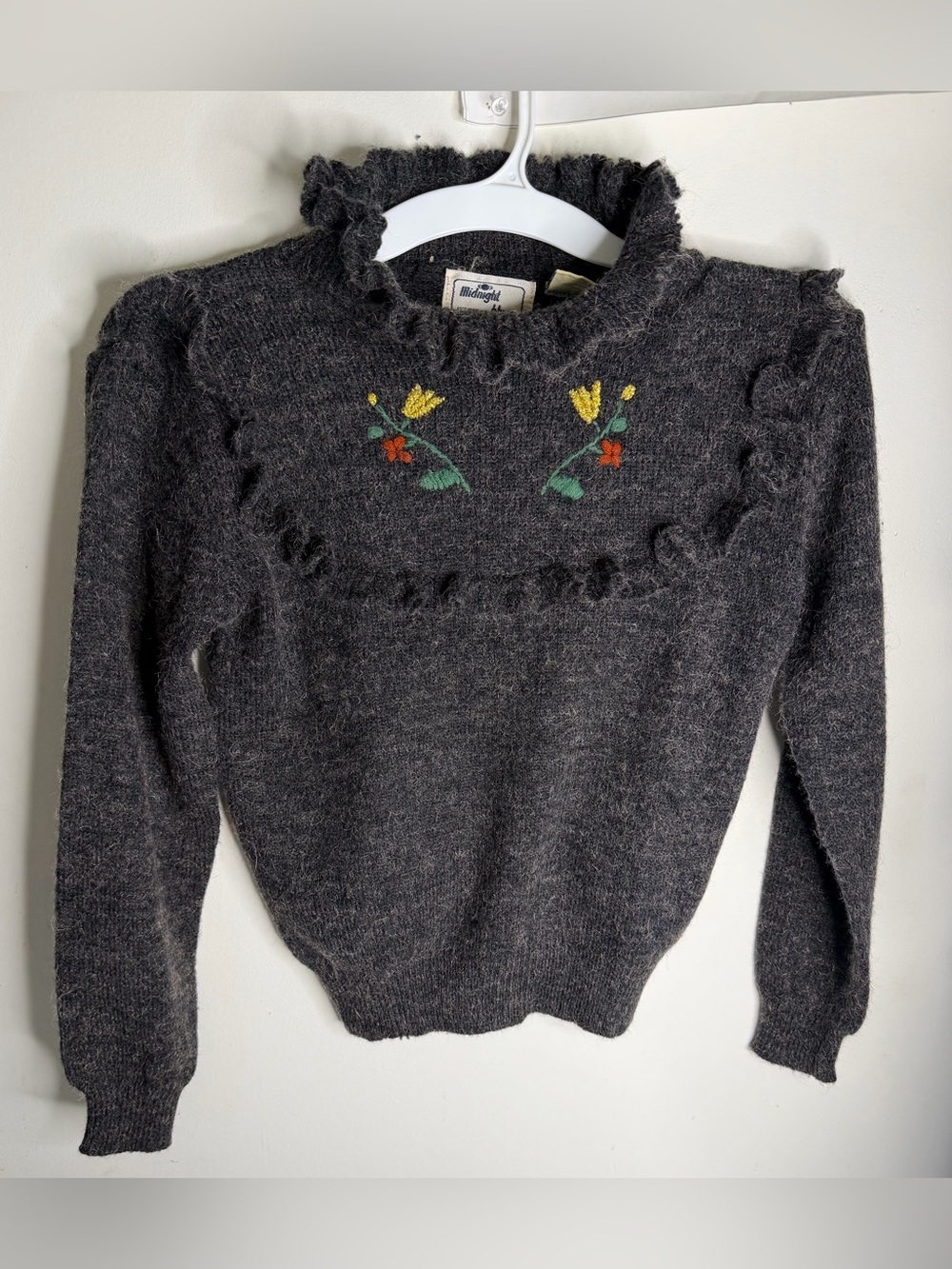 Vintage Charcoal Floral Ruffle-Neck Sweater